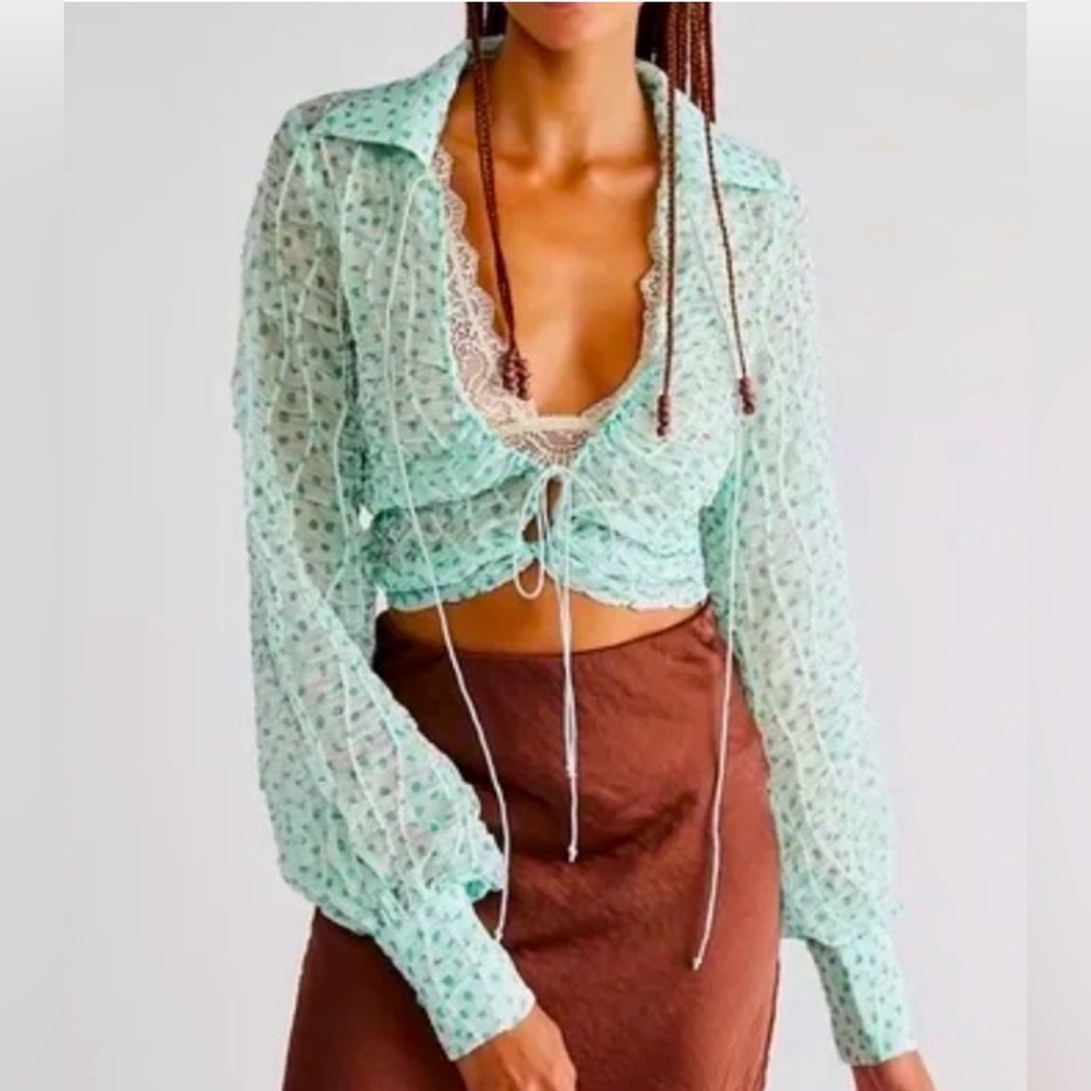 For Love & Lemons x Free People Drea Mint Green Dot Semi-Sheer Crop Top 🦚